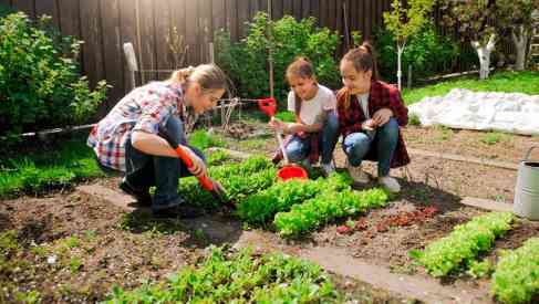 mother and children gardening